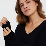 Women's soft knit V-neck sweater featuring a feminine silhouette and lightweight construction.