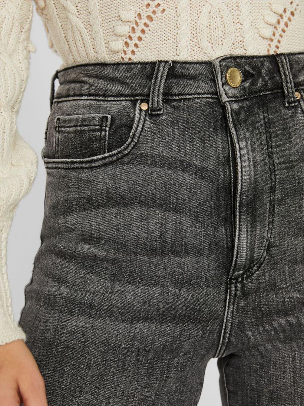 Dark gray slim fit jeans for women featuring a flattering high-waisted silhouette.