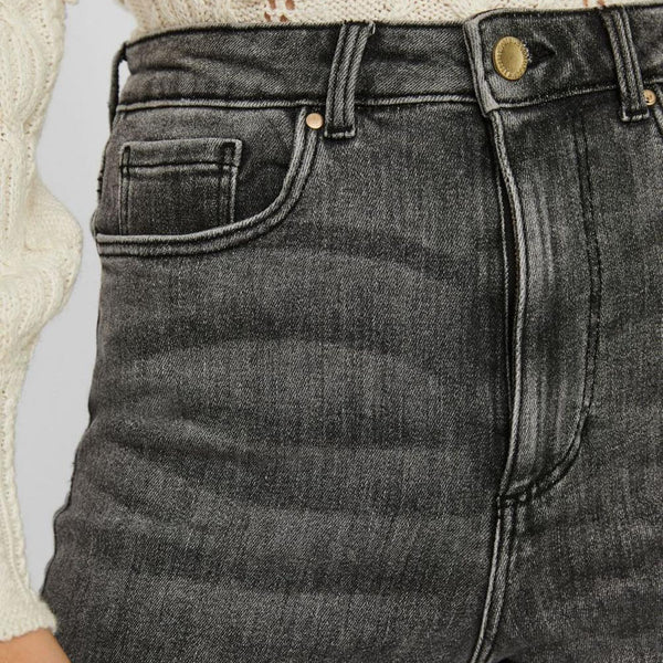 Dark gray slim fit jeans for women featuring a flattering high-waisted silhouette.