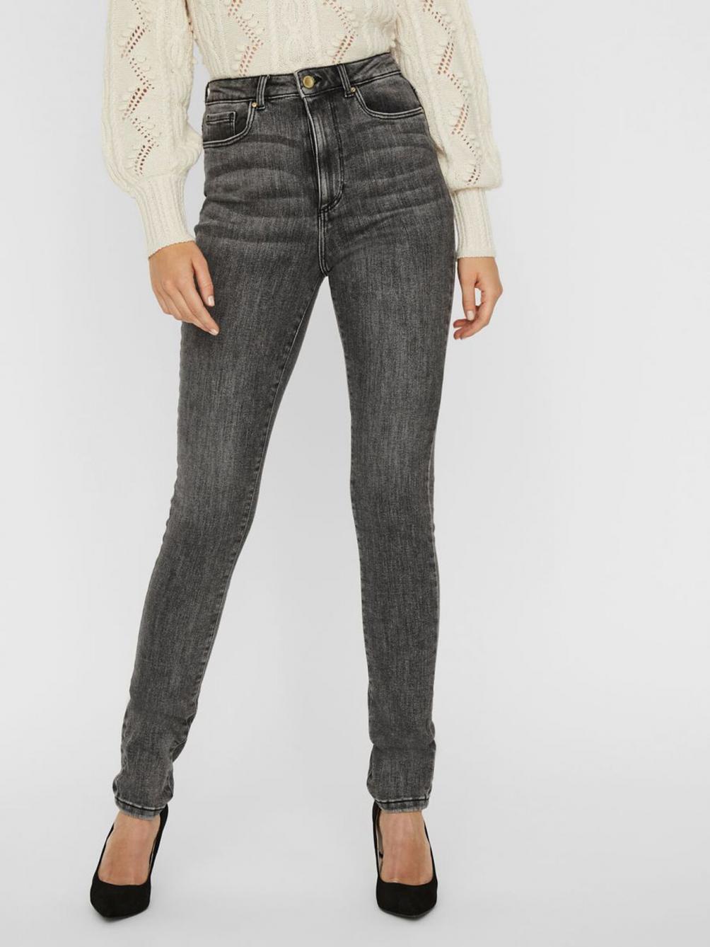 Women's high-rise charcoal gray skinny jeans with stretch denim and faded vintage wash.