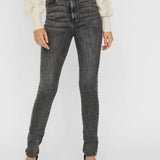 Women's high-rise charcoal gray skinny jeans with stretch denim and faded vintage wash.
