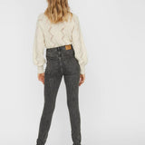 High-waisted gray skinny jeans with sculpting fit and contemporary everyday appeal.