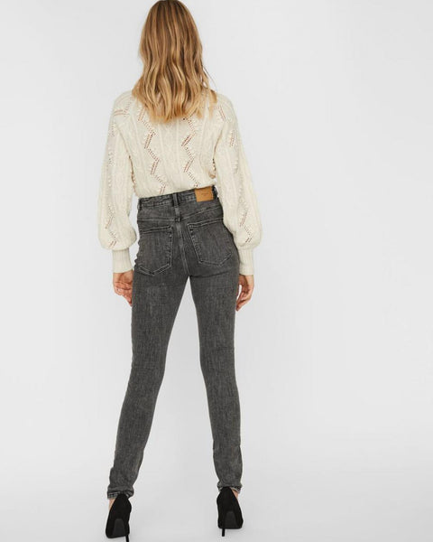 High-waisted gray skinny jeans with sculpting fit and contemporary everyday appeal.