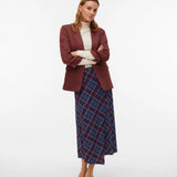 Burgundy and blue check midi skirt with diagonal plaid pattern and asymmetrical A-line silhouette for modern smart casual fashion.