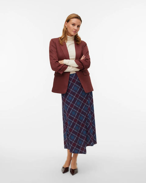 Burgundy and blue check midi skirt with diagonal plaid pattern and asymmetrical A-line silhouette for modern smart casual fashion.