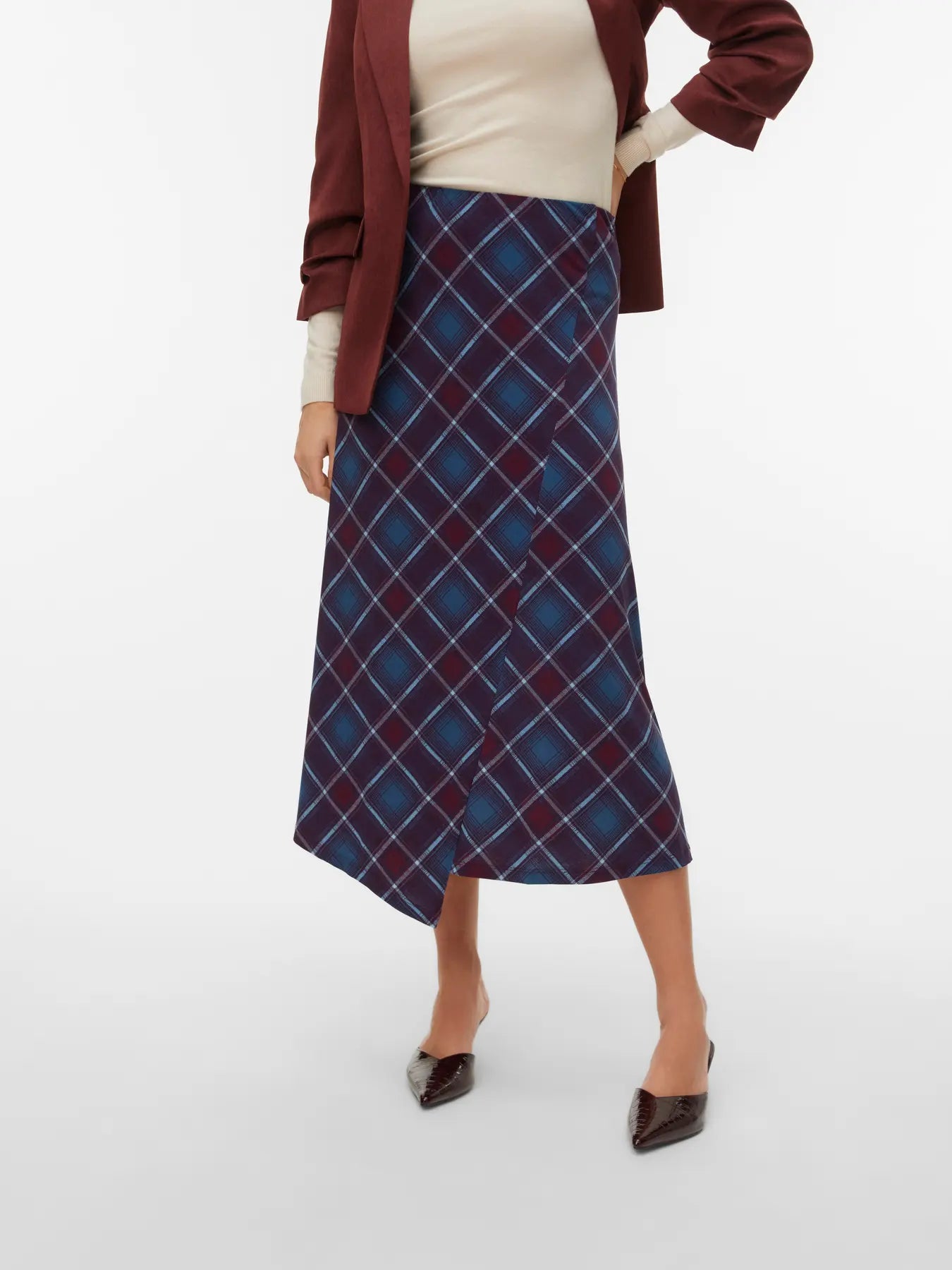 Women's burgundy and blue plaid midi skirt with an A-line silhouette and asymmetrical hem for sophisticated autumn and winter outfits.skirt.