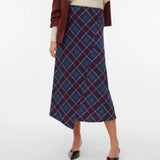 Women's burgundy and blue plaid midi skirt with an A-line silhouette and asymmetrical hem for sophisticated autumn and winter outfits.skirt.