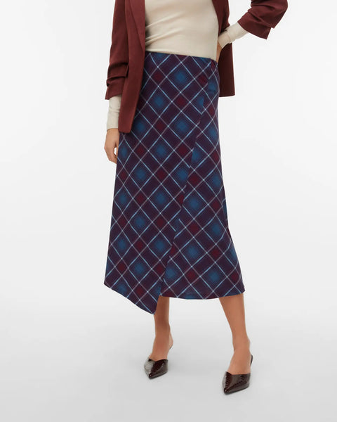Women's burgundy and blue plaid midi skirt with an A-line silhouette and asymmetrical hem for sophisticated autumn and winter outfits.skirt.