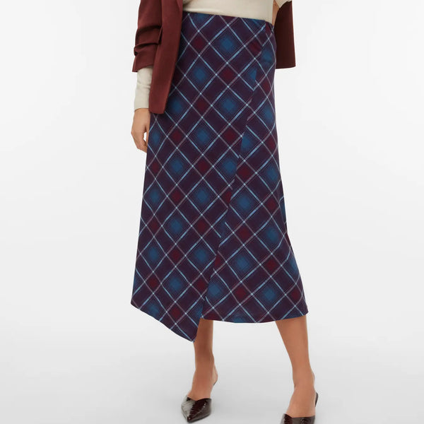 Women's burgundy and blue plaid midi skirt with an A-line silhouette and asymmetrical hem for sophisticated autumn and winter outfits.skirt.
