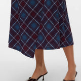 Boutique women's tartan-inspired midi skirt featuring burgundy, teal and blue checks with an asymmetric hem for sophisticated seasonal styling.