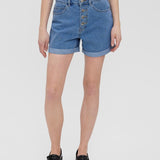Trendy blue jean shorts perfect for weekend wear, beach days, and travel outfits.