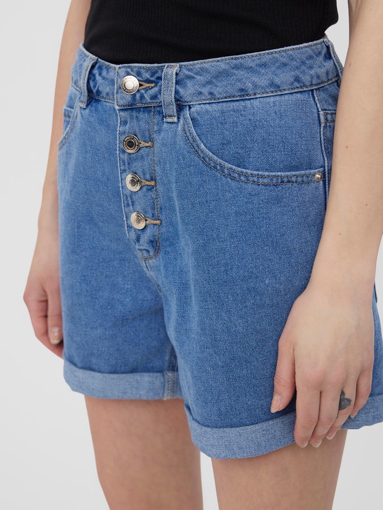 Casual blue jean shorts featuring a relaxed fit, cuffed hem, and classic summer styling.
