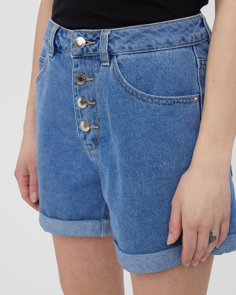 Casual blue jean shorts featuring a relaxed fit, cuffed hem, and classic summer styling.