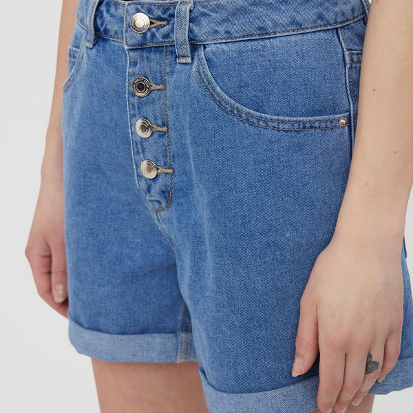 Casual blue jean shorts featuring a relaxed fit, cuffed hem, and classic summer styling.