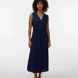 Women's navy blue sleeveless midi dress featuring a flattering V-neckline, button-front design, and adjustable waist tie.