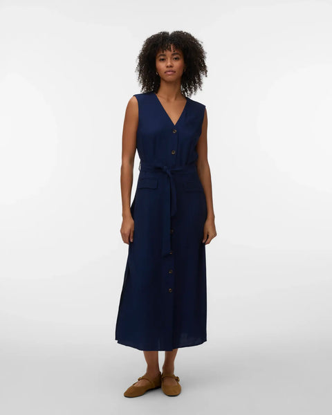 Women's navy blue sleeveless midi dress featuring a flattering V-neckline, button-front design, and adjustable waist tie.