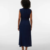 Stylish navy belted midi dress featuring utility pockets and lightweight fabric for office, travel, and summer occasions.