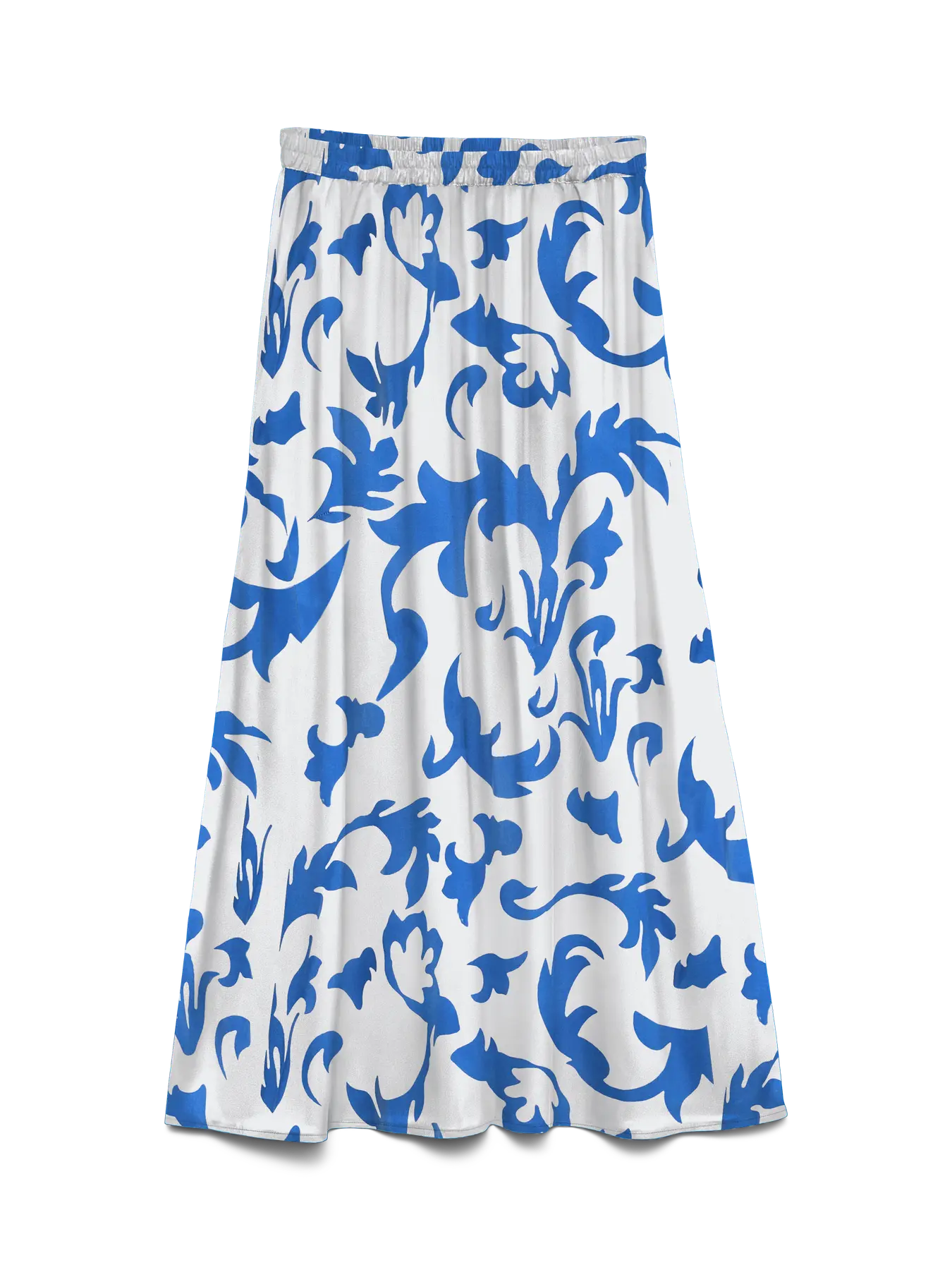 Women's white and cobalt blue botanical print midi skirt with elastic waist and flowing A-line silhouette for resort vacations and summer style.