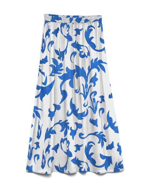 Women's white and cobalt blue botanical print midi skirt with elastic waist and flowing A-line silhouette for resort vacations and summer style.
