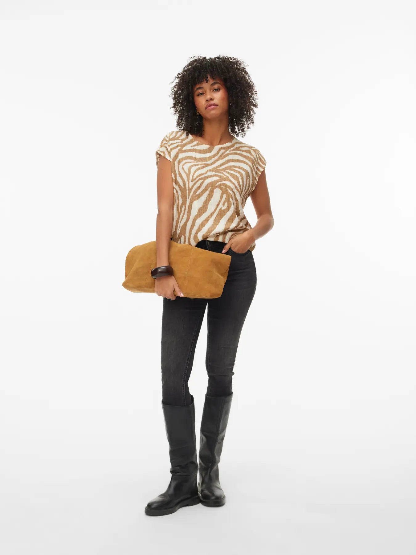 Lightweight camel zebra print top with boat neckline, cap sleeves and breathable knit construction for casual chic and vacation outfits.