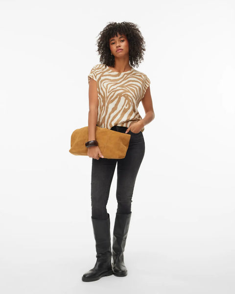 Lightweight camel zebra print top with boat neckline, cap sleeves and breathable knit construction for casual chic and vacation outfits.