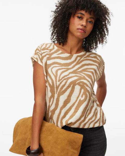 Women's camel and ivory zebra print knit top with cap sleeves, boat neckline and relaxed fit for chic everyday and resort style.