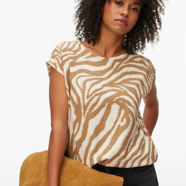 Women's camel and ivory zebra print knit top with cap sleeves, boat neckline and relaxed fit for chic everyday and resort style.