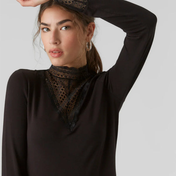 Women’s black lace high neck blouse with long sleeves and sophisticated feminine silhouette for modern style.