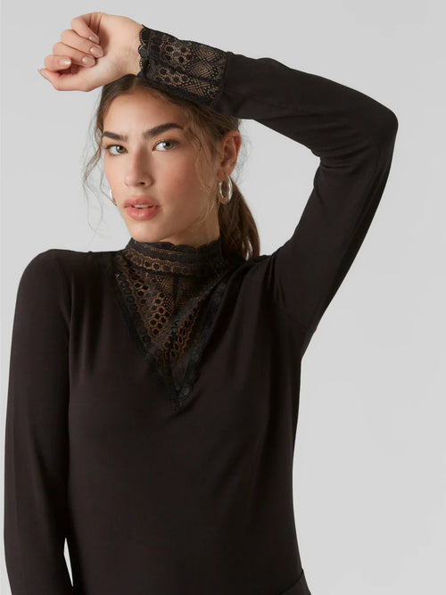 Women’s black lace high neck blouse with long sleeves and sophisticated feminine silhouette for modern style.