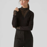 Women’s ultra feminine black lace detail blouse with sheer high neckline and long sleeves for elegant evening and party outfits.