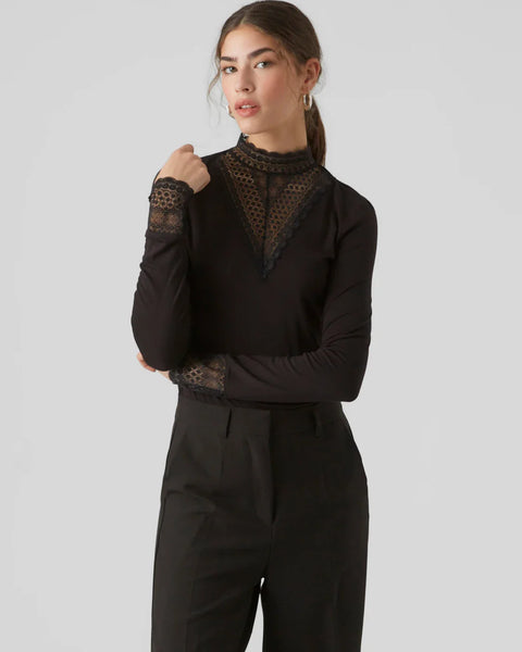 Women’s ultra feminine black lace detail blouse with sheer high neckline and long sleeves for elegant evening and party outfits.