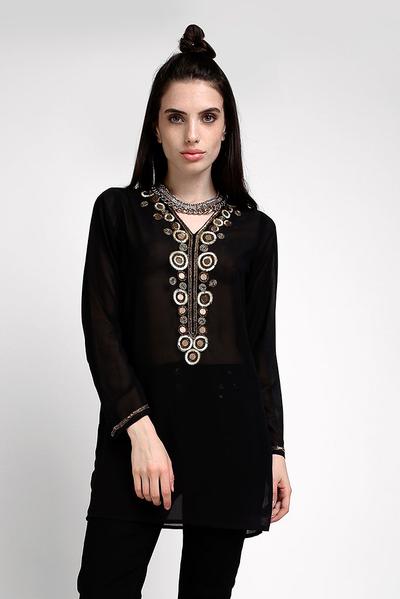Fashion tunic top in black with decorative embroidery for casual and dressy outfits.