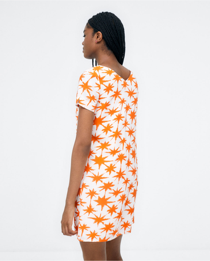Women's orange starburst print mini dress with relaxed fit and V-neck design.