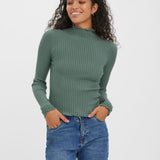 Soft knit sage green top with ruffle-edge details perfect for fall outfits and spring layering.