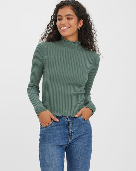 Soft knit sage green top with ruffle-edge details perfect for fall outfits and spring layering.