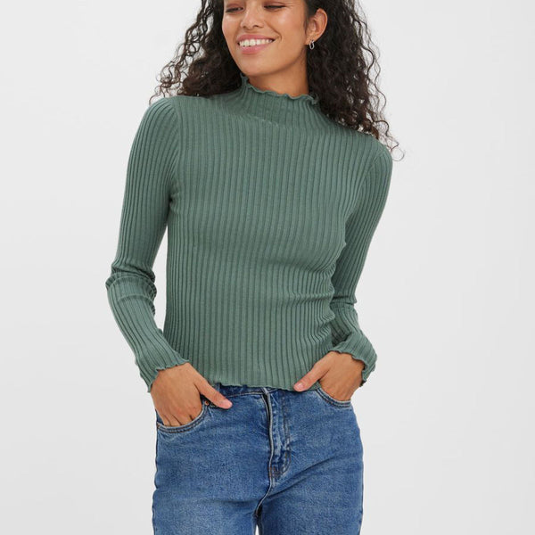 Soft knit sage green top with ruffle-edge details perfect for fall outfits and spring layering.
