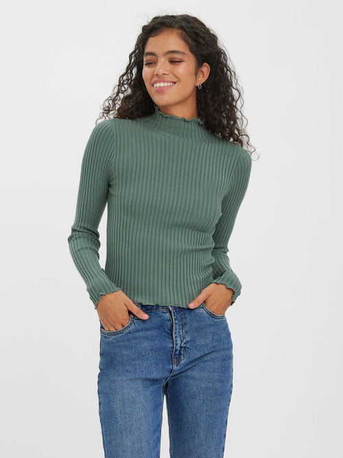 Soft knit sage green top with ruffle-edge details perfect for fall outfits and spring layering.