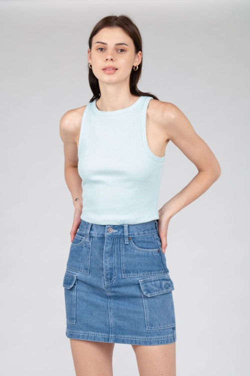 Light blue sleeveless fashion top designed for versatile everyday outfit combinations.
