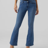 Blue bootcut jeans for women featuring slim fit through the hips and flattering cropped flare leg.