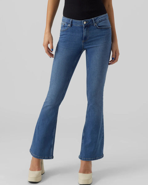 Blue bootcut jeans for women featuring slim fit through the hips and flattering cropped flare leg.