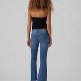 Women’s medium wash flare jeans with modern ankle-length cut and retro-inspired denim styling.