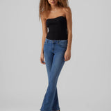 Women’s vintage-inspired flare jeans in medium blue wash with sleek fitted waist and hip design.