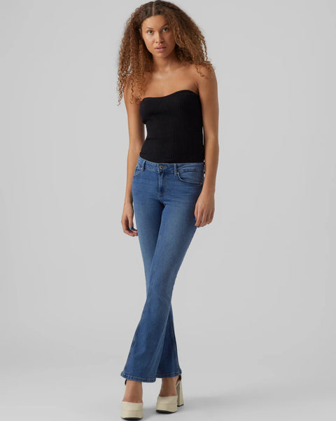 Women’s vintage-inspired flare jeans in medium blue wash with sleek fitted waist and hip design.