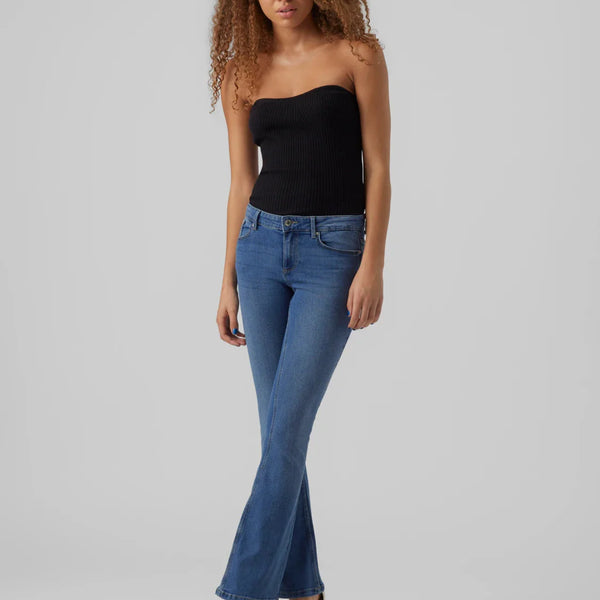 Women’s vintage-inspired flare jeans in medium blue wash with sleek fitted waist and hip design.