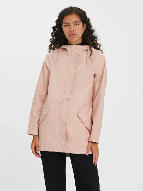 Women’s lightweight hooded rain parka with cute pink finish and weatherproof functionality for chic casual wear.