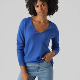 Women’s soft blue V-neck jumper with relaxed silhouette and timeless modern knitwear appeal.