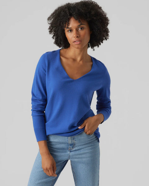 Women’s soft blue V-neck jumper with relaxed silhouette and timeless modern knitwear appeal.