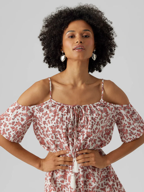Floral cold shoulder dress women, boho mini dress, summer vacation outfit.