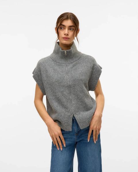 Women’s gray high-neck sweater vest with zip front and short cap sleeves for contemporary fall and winter fashion.