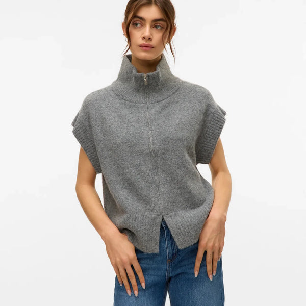 Women’s gray high-neck sweater vest with zip front and short cap sleeves for contemporary fall and winter fashion.